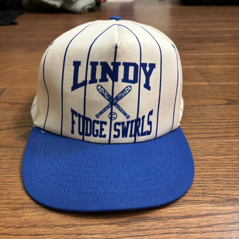 Vintage Y2K Lindy fudge swirls baseball hat funny humor comedy pin striped